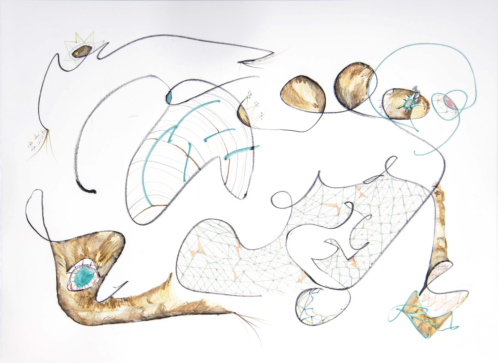 Minimalist abstract drawing with flowing black lines, organic shapes, and textured patches of brown, blue, and geometric patterns.